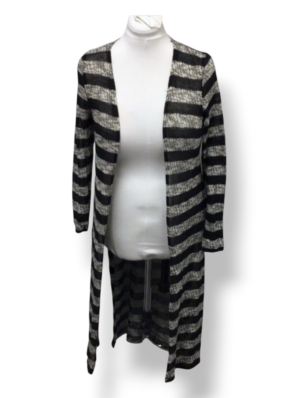 Ambiance Women’s Open Front Striped Longline Duster Cardigan Black/Gray L